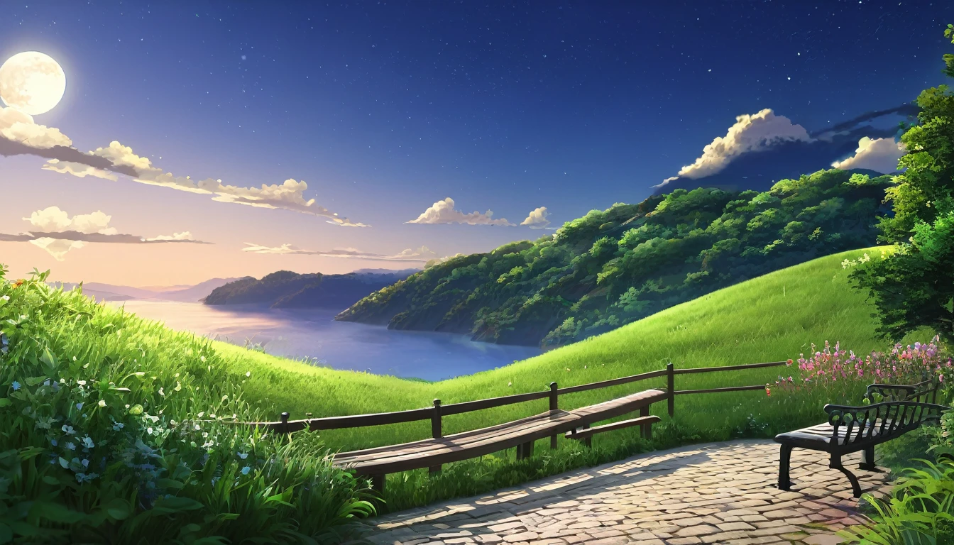 A masterpiece from EbonyGoldAI, 最high quality, high quality, High resolution, (((Beautifully detailed skies))), growなeur, Cottage, growな(grow, wonderful), vision(View), wonderful光景, High resolution, ((Best Shadow)), Realistic, nature, scenery, cloud, Mountain, Grass, rock, hill, cliff, wood, Sidewalk, Background only, Night Sky, moonlight, ((Very detailed)), (Best illustrations), ((Very delicate and beautiful)), Dynamic Angle, river, Trail, bench, 最high qualityの画像品質, quiet, far_Away