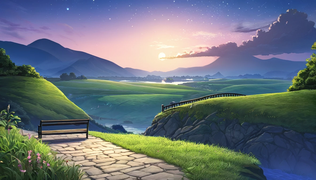 A masterpiece from EbonyGoldAI, 最high quality, high quality, High resolution, (((Beautifully detailed skies))), growなeur, Cottage, growな(grow, wonderful), vision(View), wonderful光景, High resolution, ((Best Shadow)), Realistic, nature, scenery, cloud, Mountain, Grass, rock, hill, cliff, wood, Sidewalk, Background only, Night Sky, moonlight, ((Very detailed)), (Best illustrations), ((Very delicate and beautiful)), Dynamic Angle, river, Trail, bench, 最high qualityの画像品質, quiet, far_Away