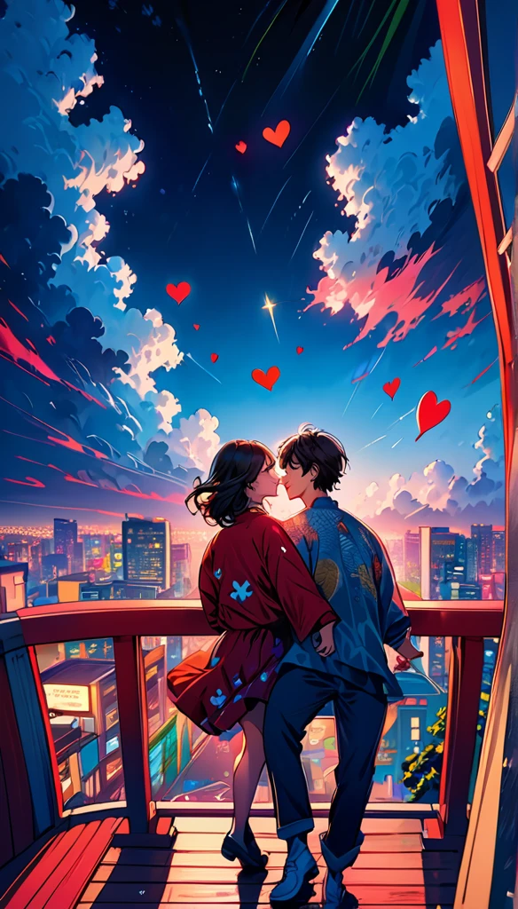 (Highest quality,Very detailed,Realistic:1.37),humor,Comic book style,Bold,Vibrant colors, Close to cool colors,Desaturate,Beautiful night view, A girl and a boy, Fun couple, Laughter, floating love,