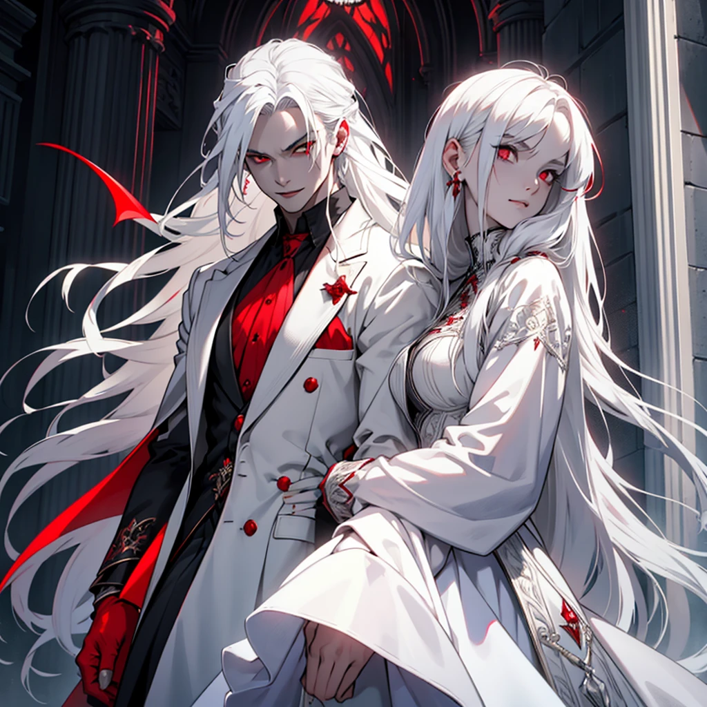 make a vampire boy with white hair and red eyes wearing a white suit and a vampire girl with red eyes and long white hair wearing a white dress in front of a dark mansion in a dark fantasy theme