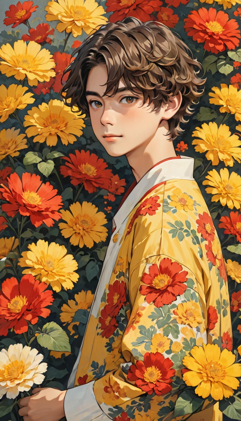 Boy wearing yellow and red flowers and short wavy hair
