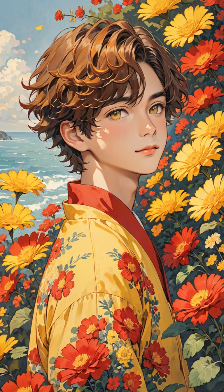 Boy wearing yellow and red flowers and short wavy hair