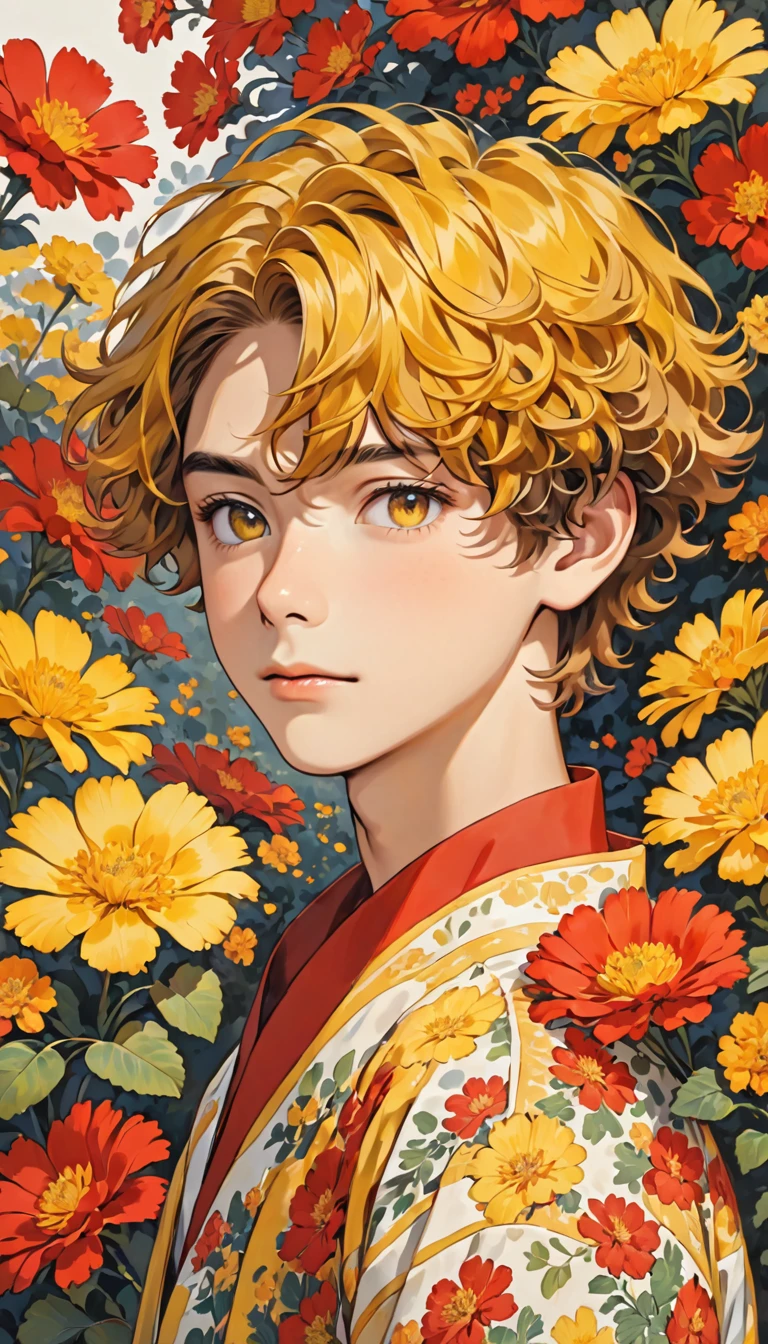 Boy wearing yellow and red flowers and short wavy hair