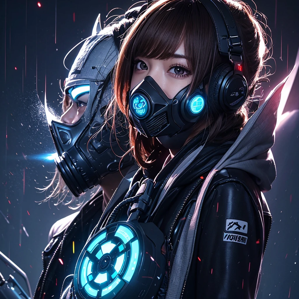 1girl,(((Highest quality、Masterpiece、Official Art、The best dynamic composition、Super detailed、Anime Style、cyber punk)))、profile、Face close-up、gas mask、Futuristic neon geometric background、