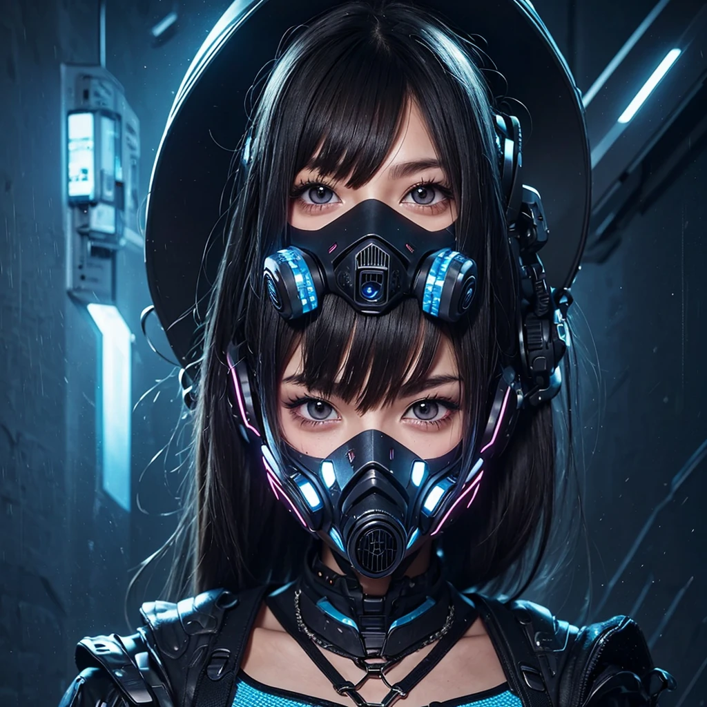 1girl,(((Highest quality、Masterpiece、Official Art、The best dynamic composition、Super detailed、Anime Style、cyber punk)))、profile、Face close-up、gas mask、Futuristic neon geometric background、