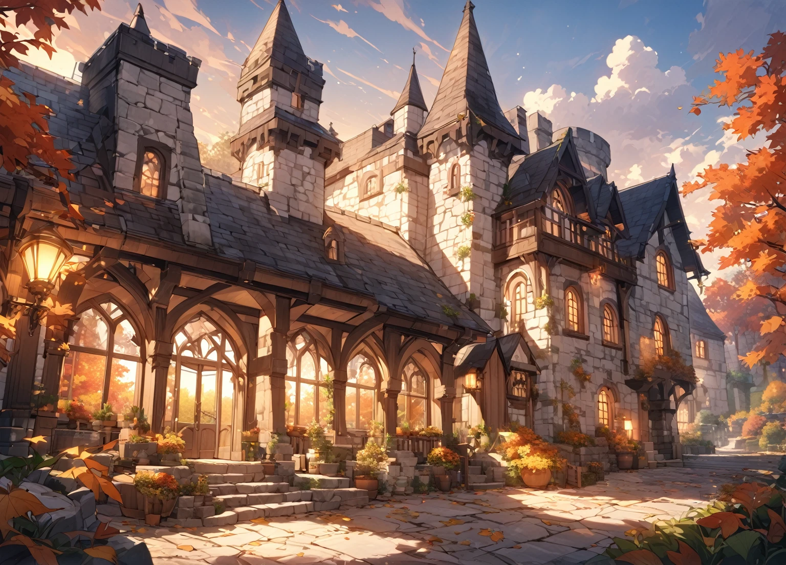 Masterpiece, soft and warm light, autumn, beautiful sky. A luxurious medieval manor with arched window and slate roof. Large round tower on the side, stone porch, white stone, lush garden