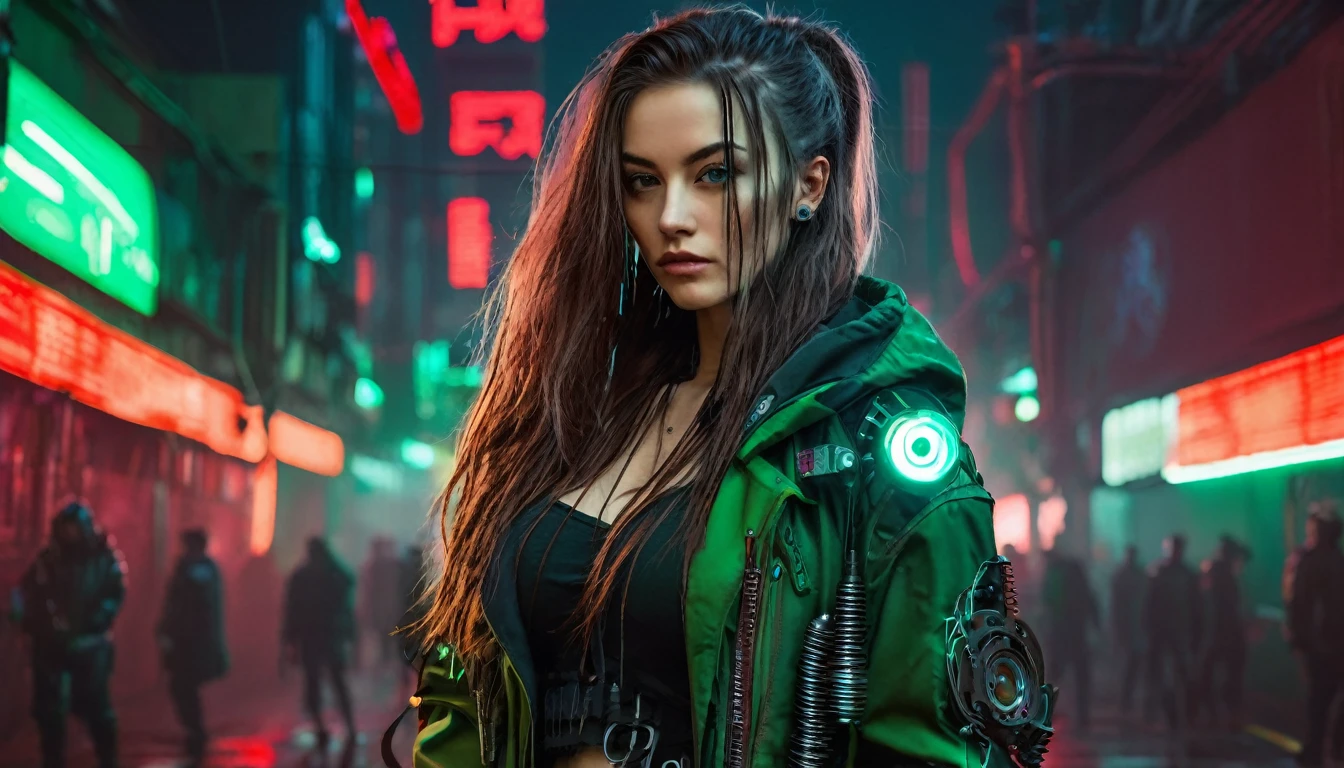 Beautiful girl small breasts, Wearing a sturdy jacket, Long Hair, Cyberpunk night scene with mechanical weapons, Cyberpunk Red Green Background