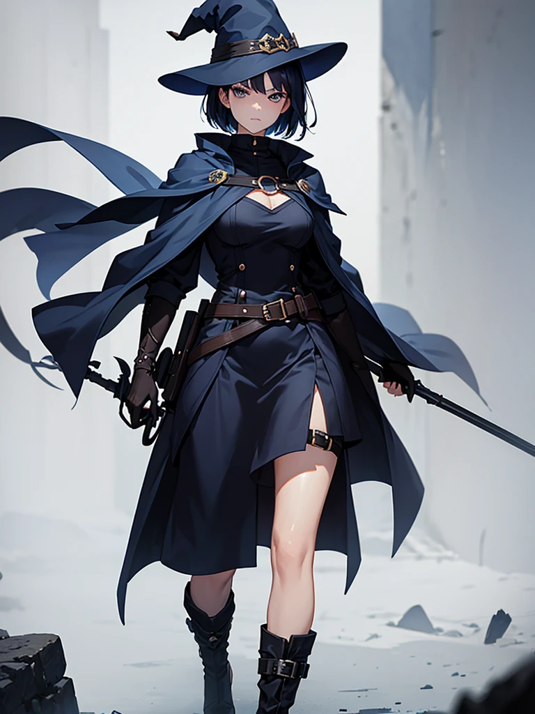 Woman, Mage, short dark blue hair, badass clothes, black hat