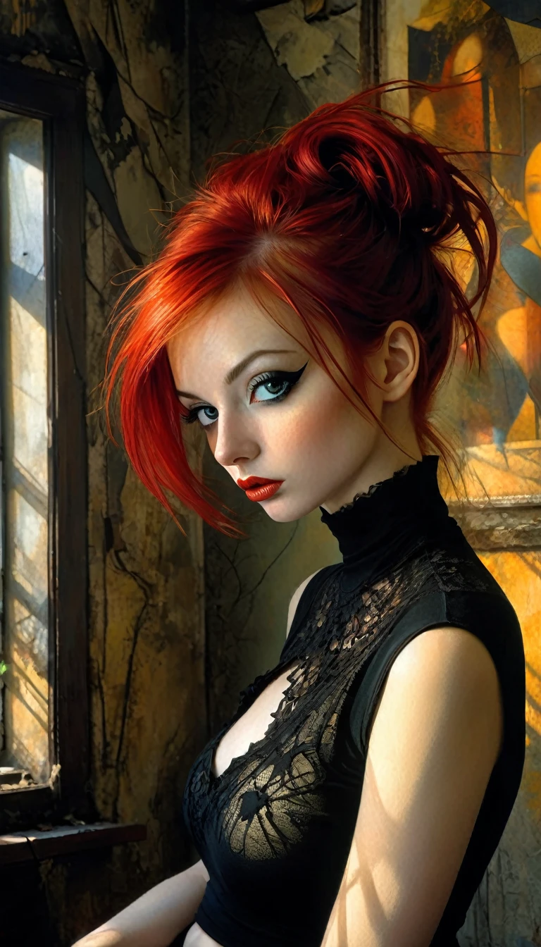 (Close-up of a better masterpiece:1.5)0.9], (black stockings:1.2) (Messy red hair:1.1) (green eyes:1.2) (Enormous veiny breast:1.0) (Pink pussy:1.0) (A radiant glow:1.1) (thick lips:0.9)