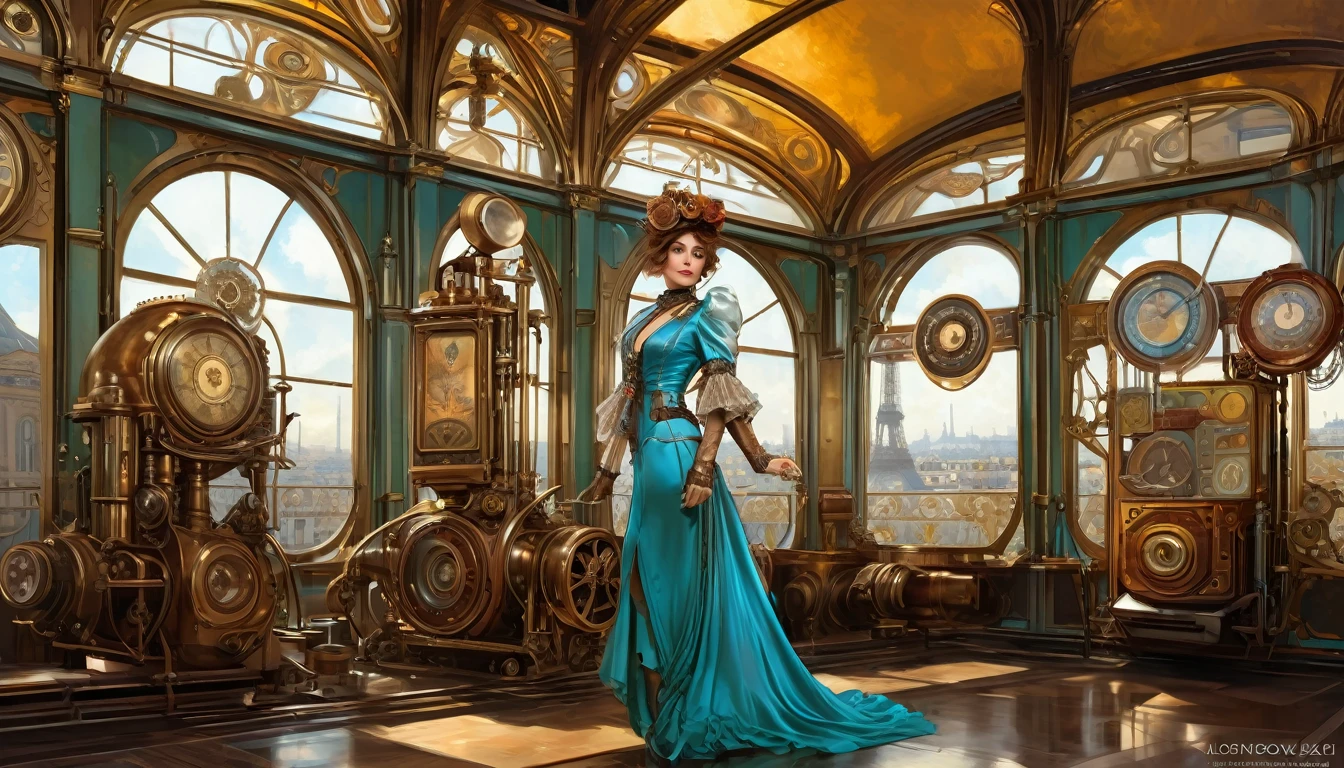 photograph (( )), wearing elegant dress steampunk items, Contemporary Paris , Complex, elegant, Very detailed, Digital Painting, Art Station, Concept Art, Smooth, Sharp focus, illustration0.Atation, ArtJam、Greg Rutkowski、Art by Alphonse Mucha