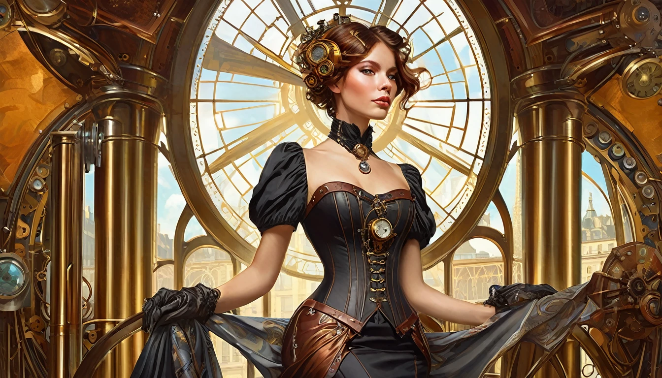 photograph (( )), wearing elegant dress steampunk items, Contemporary Paris , Complex, elegant, Very detailed, Digital Painting, Art Station, Concept Art, Smooth, Sharp focus, illustration0.Atation, ArtJam、Greg Rutkowski、Art by Alphonse Mucha