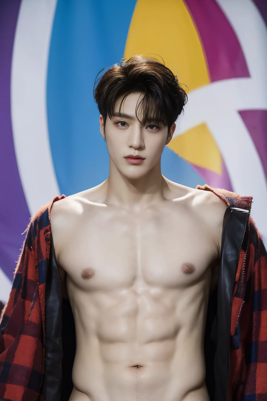 full frontal,colorful background fashion,colorful prop in this photo,stand at studio advert,no text,eyes looking center,shirtless Handsome,korean male,Center-parted hairstyle.