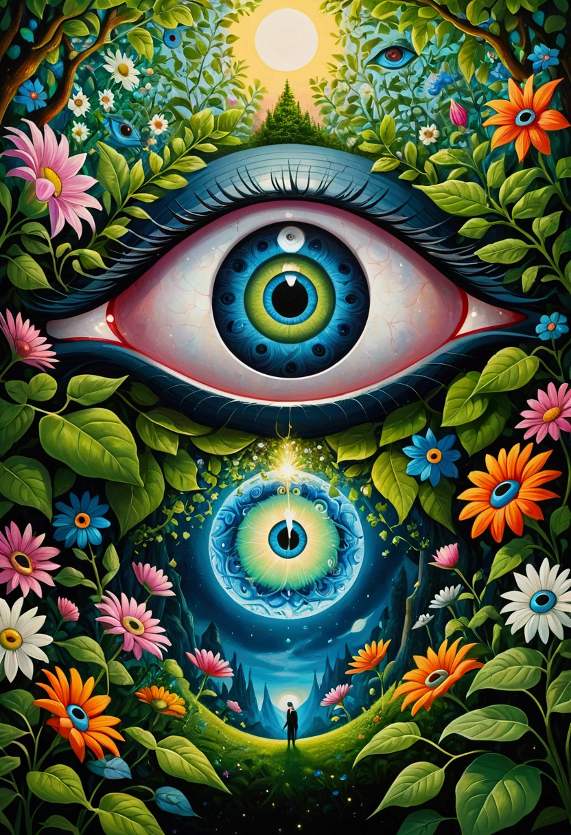 A painting,There is a blue eye in the painting,Surrounded by green leaves and flowers, Maksimilijan Vanka’s Surrealism, Recommended on Behance, Psychedelic Art, Portrait of a mysterious giant eye, Very detailed and hypnotic, Mysterious Eye, Psychedelic illustration, Maxim Sukarev, All-Seeing Eye, artwork, Psychedelic surrealist art, adrian borda, big eyes