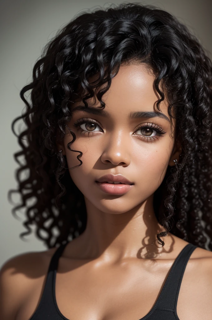 a black woman with black curly hair and honey eyes Exquisite details and textures, highy detailed, ultra detailed photography, warm lighting, 4K, sharp focus, high resolution, skin detailed, detailedeyes, 8k hd, dslr, high qualiy, film grain, Fujifilm XT3