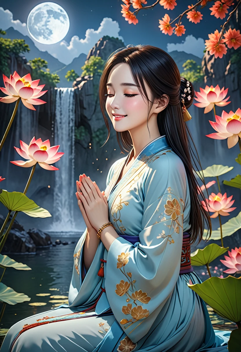 1girl\(chinese style,solo,black hair,forehead mark,makeup,closed eyes,closed mouth,smile,chinese clothes,long sleeves,necklace,bracelet,jewelry,own hands together holding flower,praying,sitting on the lotus,look at viewer\), Background\((full moon,cliff,waterfall):1.6,sky\), ultra-detailed,extremely delicate and beautiful,(by exquisite colors block),Cinematic quality,rendering by octane,Ultra-detailed details,masterpiece,best quality,unreal engine 5 rendering,movie light,movie lens,movie special effects,detailed details,HDR,UHD,8K,CG wallpaper,