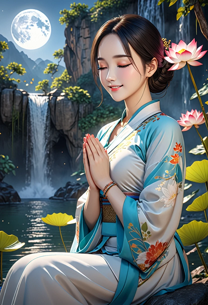 1girl\(chinese style,solo,black hair,forehead mark,makeup,closed eyes,closed mouth,smile,chinese clothes,long sleeves,necklace,bracelet,jewelry,own hands together holding flower,praying,sitting on the lotus,look at viewer\), Background\((full moon,cliff,waterfall):1.6,sky\), ultra-detailed,extremely delicate and beautiful,(by exquisite colors block),Cinematic quality,rendering by octane,Ultra-detailed details,masterpiece,best quality,unreal engine 5 rendering,movie light,movie lens,movie special effects,detailed details,HDR,UHD,8K,CG wallpaper,