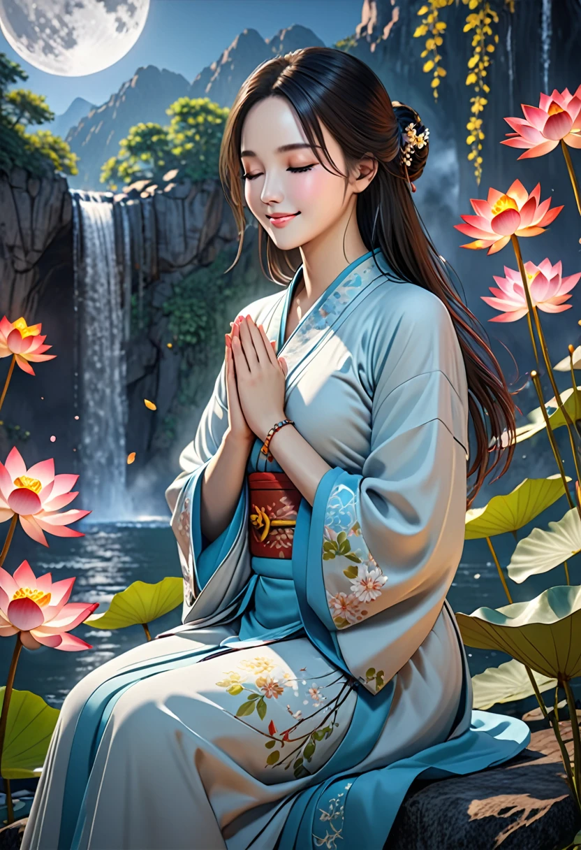 1girl\(chinese style,solo,black hair,forehead mark,makeup,closed eyes,closed mouth,smile,chinese clothes,long sleeves,necklace,bracelet,jewelry,own hands together holding flower,praying,sitting on the lotus,look at viewer\), Background\((full moon,cliff,waterfall):1.6,sky\), ultra-detailed,extremely delicate and beautiful,(by exquisite colors block),Cinematic quality,rendering by octane,Ultra-detailed details,masterpiece,best quality,unreal engine 5 rendering,movie light,movie lens,movie special effects,detailed details,HDR,UHD,8K,CG wallpaper,