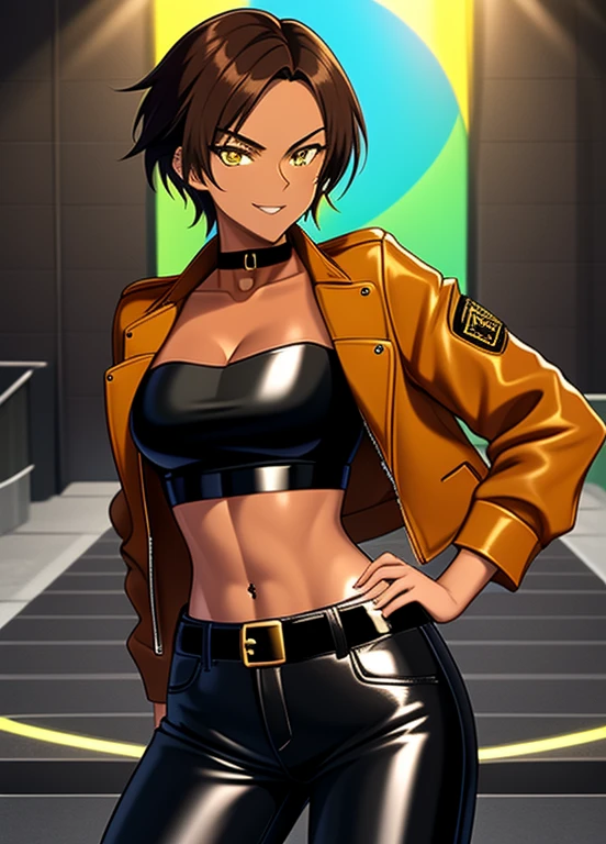 high quality, extremely detailed, perfect face, 1girl, solo, 26 years old, tomboy, (shiny skin), midriff, (tan-bronze skin), (Yellow eyes), short brown hair, medium breasts, (Cleavage), (Wearing: blue jacket, choker, Strapless black top, Belt, Black shiny leather pants), tight fitting clothing, piercings, toned, hourglass figure, athletic, snarky expression, wide smile, at rave, nightclub,
