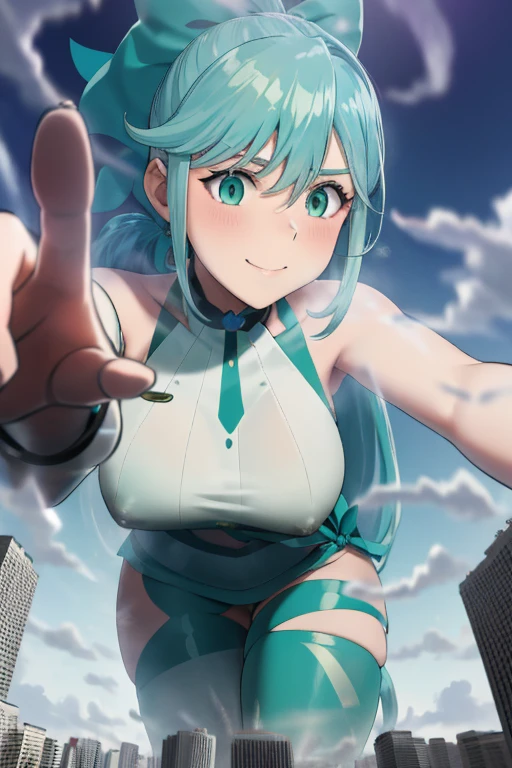 A genius with long aqua green hair with a ponytail with an orange bow,aqua green eyes with crystal iris,with giant breasts and a giant butt,smiling 