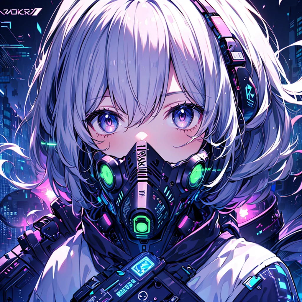 1girl,(((Highest quality、Masterpiece、Official Art、The best dynamic composition、Super detailed、Anime Style、cyber punk)))、profile、Face close-up、gas mask、Futuristic neon geometric background、