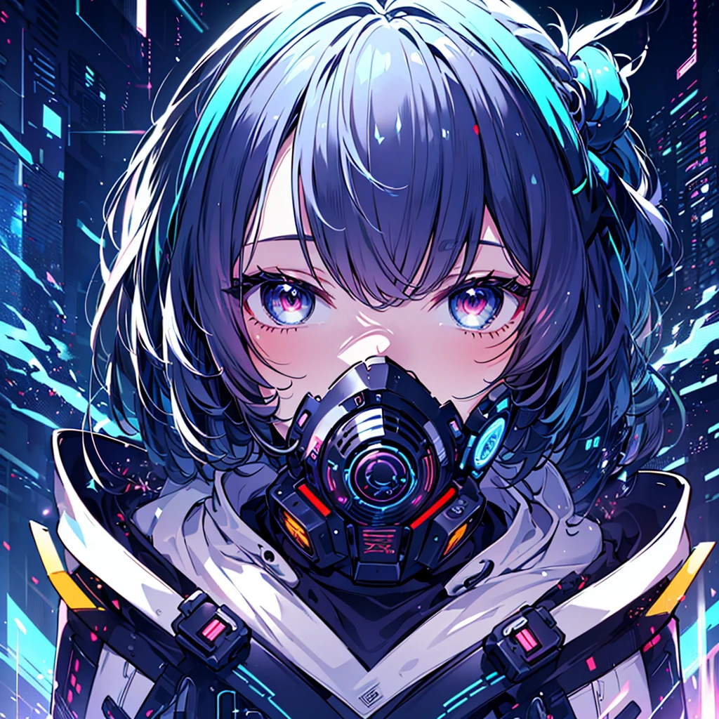 1girl,(((Highest quality、Masterpiece、Official Art、The best dynamic composition、Super detailed、Anime Style、cyber punk)))、profile、Face close-up、gas mask、Futuristic neon geometric background、