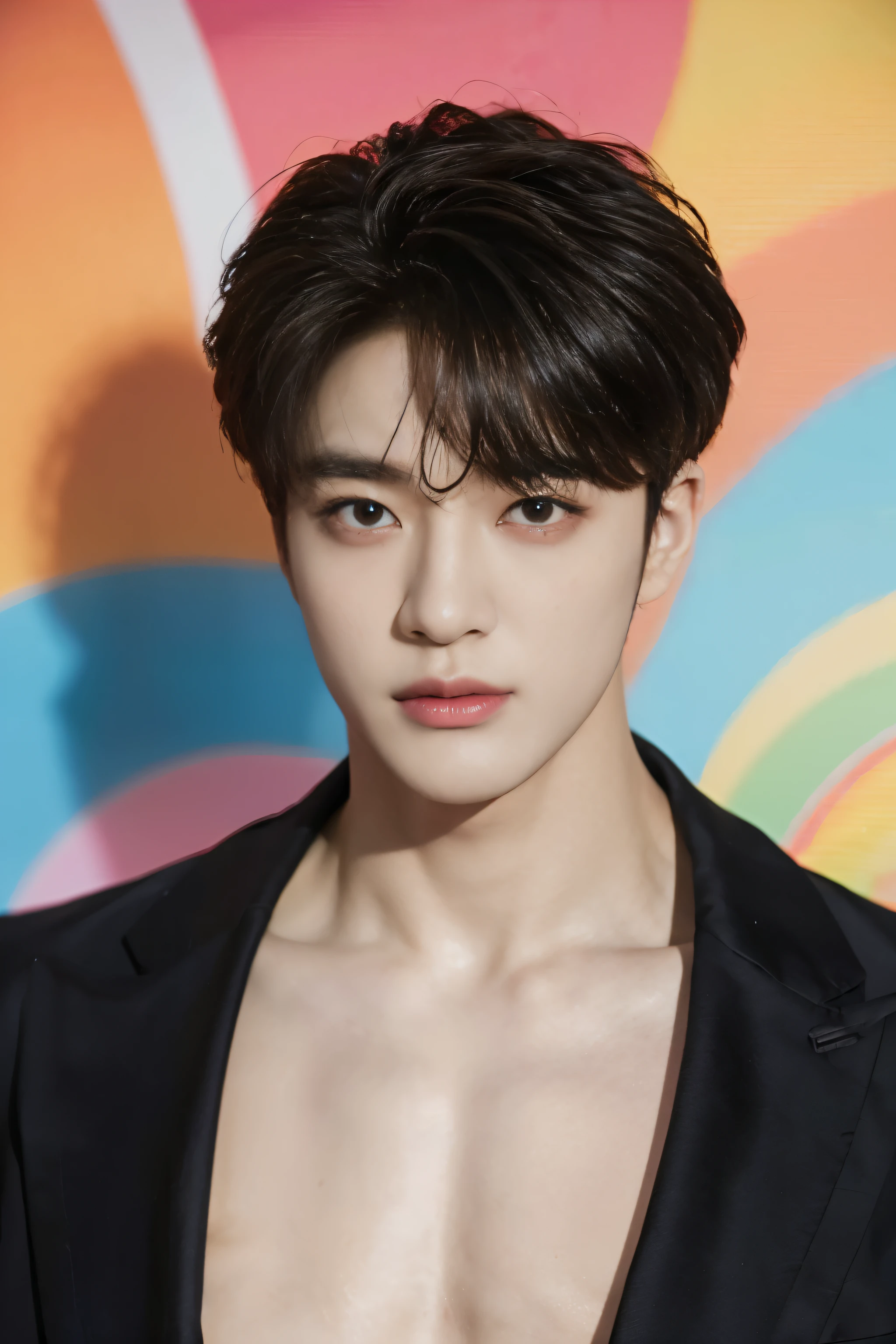 full frontal,colorful background fashion,colorful prop in this photo,stand at studio advert,no text,eyes looking center,shirtless Handsome,korean male,Center-parted hairstyle.