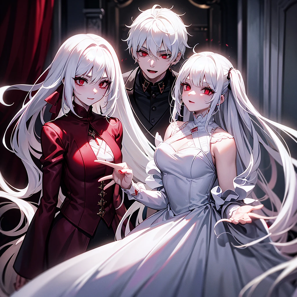 make a vampire boy with white hair and red eyes wearing a white suit and a vampire girl with red eyes and long white hair wearing a white dress in front of a dark mansion in a dark fantasy theme