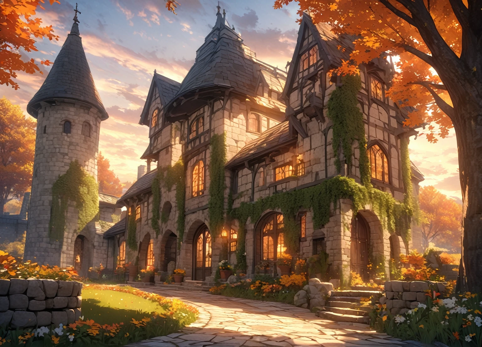 Masterpiece, soft and warm light, autumn, beautiful sky. A luxurious medieval manor with arched window and slate roof. Large round tower on the side, stone porch, white stone, lush garden