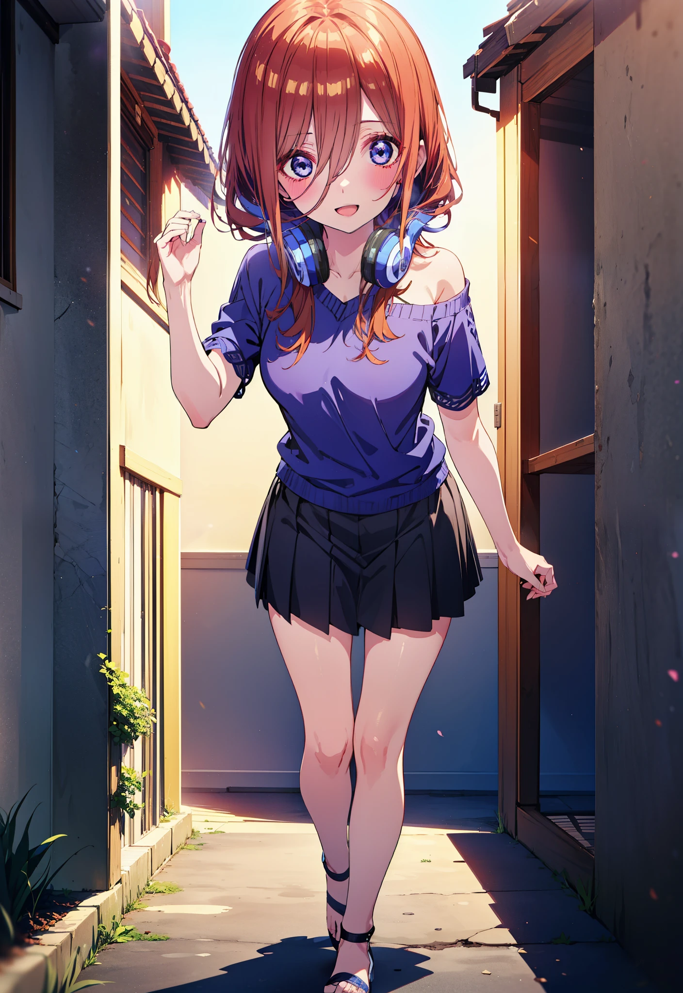 Miku Nakano, miku nakano, Long Hair, bangs, blue eyes, Brown Hair, shirt, Hair between the eyes, Headphones around neck,happy smile, smile, Open your mouth,One-shoulder sweater,Short sleeve,mini skirt,Heeled Sandals,Walking,morning,morning陽,Clear skies,whole bodyがイラストに入るように,
break outdoors, Building district,
break looking at viewer,whole body,
break (masterpiece:1.2), Highest quality, High resolution, unity 8k wallpaper, (figure:0.8), (Beautiful attention to detail:1.6), Highly detailed face, Perfect lighting, Highly detailed CG, (Perfect hands, Perfect Anatomy),
