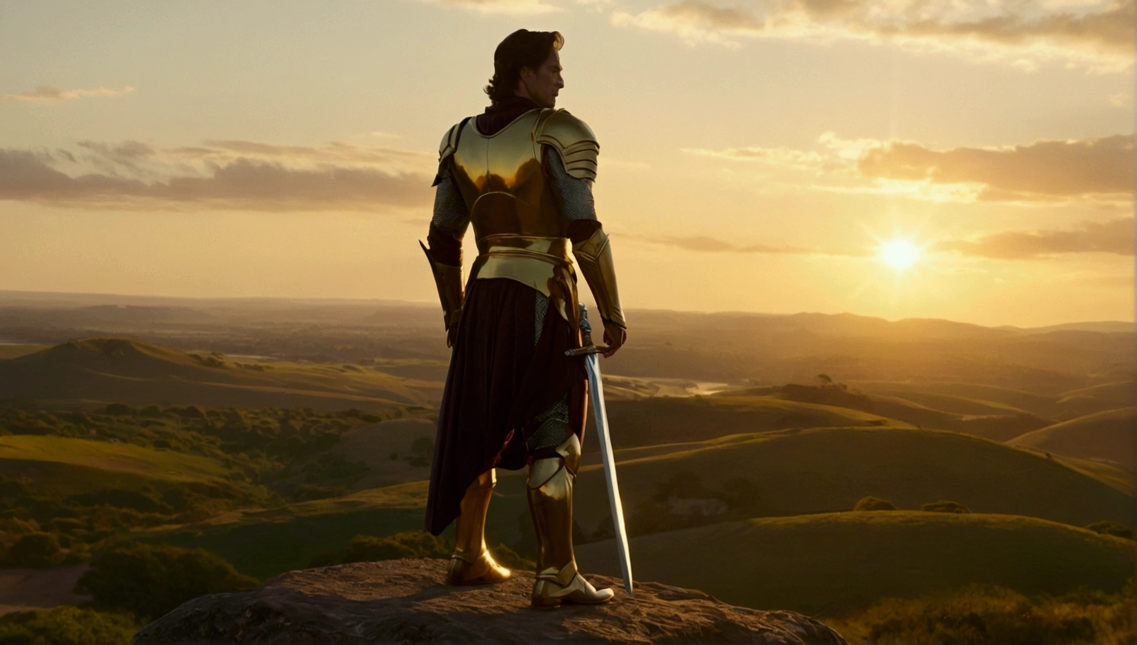 Final Image of the Movie: Tony's Rebirth Stage: A horizon at sunset with a sky tinted with golden tones, oranges and purples. A vast landscape that includes distant mountains, a green valley and a river that meanders towards the horizon. Main character: Tony standing on a slightly raised hill. He wears shining armor with gold details, with battle marks and scars. His sword is stuck in the ground next to him, radiating a slight glow. Tony is up, looking towards the horizon with an expression of determination and serenity. A hand rests on the pommel of his sword, while the other is relaxed at his side. Symbolic Elements: At his feet, a small note that moves slightly in the wind, with partially visible inspirational message.The light of the setting sun illuminates Tony, creating a play of lights and shadows that highlights your figure.