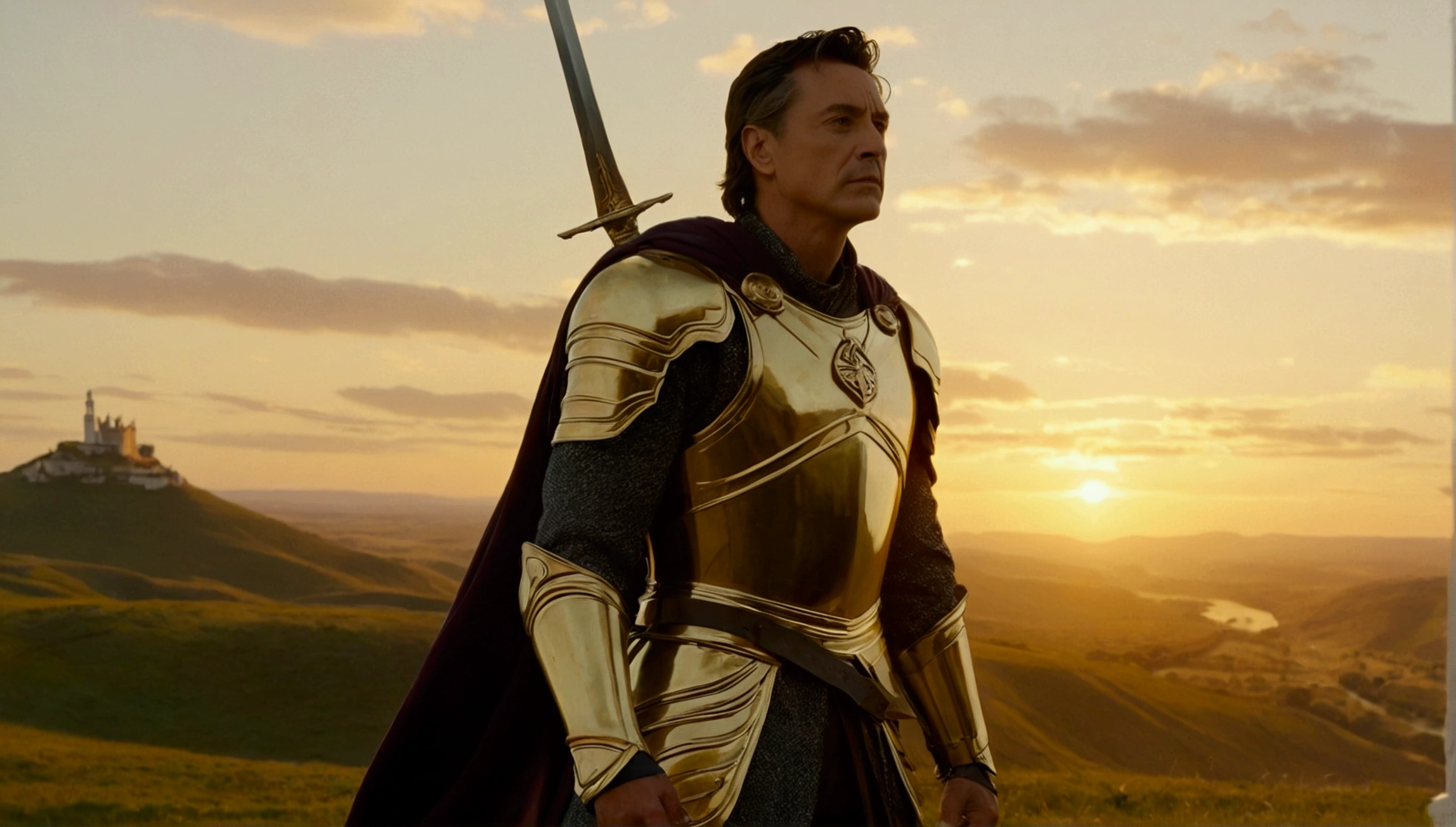 Final Image of the Movie: Tony&#39;s Rebirth Stage: A horizon at sunset with a sky tinted with golden tones, oranges and purples. A vast landscape that includes distant mountains, a green valley and a river that meanders towards the horizon. Main character: Tony standing on a slightly raised hill. He wears shining armor with gold details, with battle marks and scars. His sword is stuck in the ground next to him, radiating a slight glow. Tony is up, looking towards the horizon with an expression of determination and serenity. A hand rests on the pommel of his sword, while the other is relaxed at his side. Symbolic Elements: At his feet, a small note that moves slightly in the wind, with partially visible inspirational message.The light of the setting sun illuminates Tony, creating a play of lights and shadows that highlights your figure.