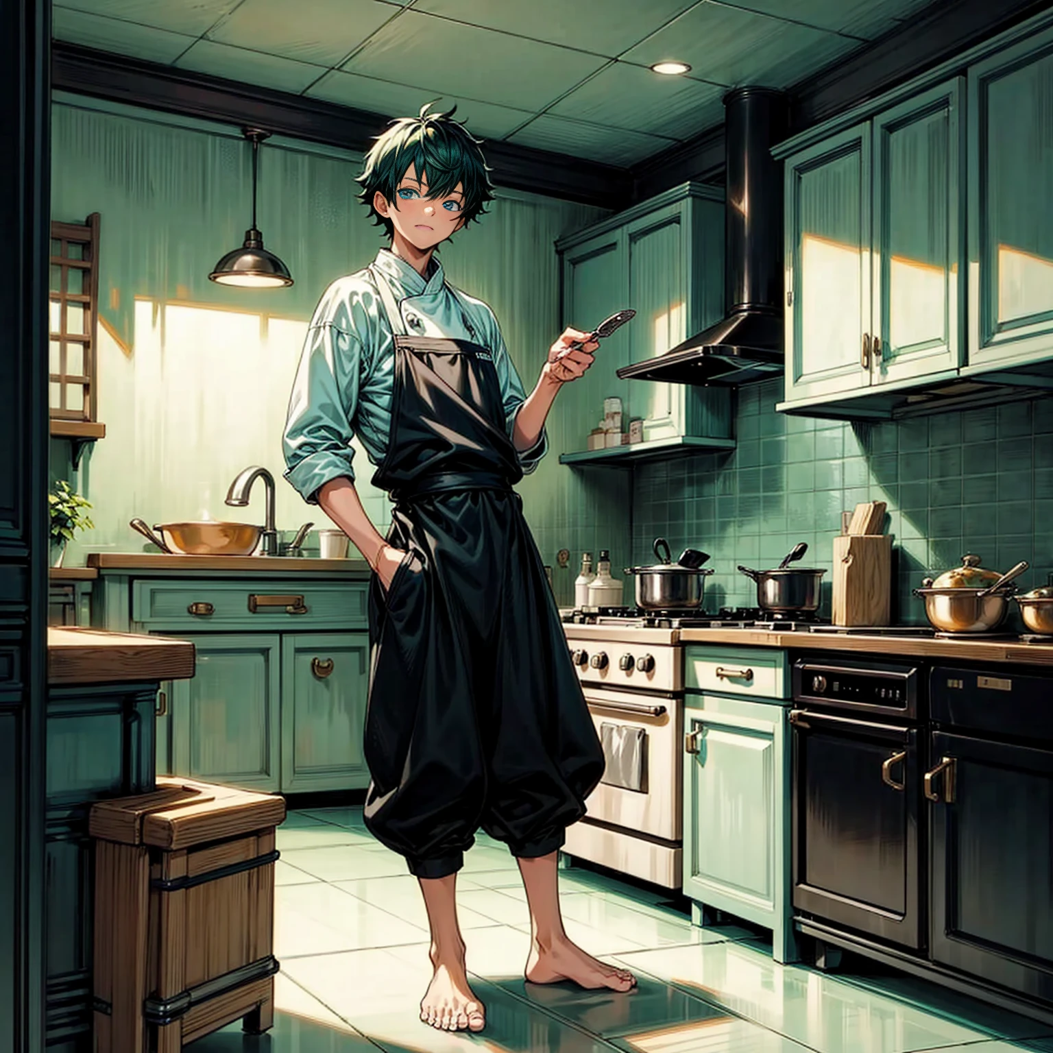 Solo character, full body version, baby ??? boy, his height is short, blue eyes, green half black color hair, short Curly haircut, Chef outfit, black pants, no shoes, no shock, detailed background, indoor, town, kitchen, cooking gesture, (Bleach style art)