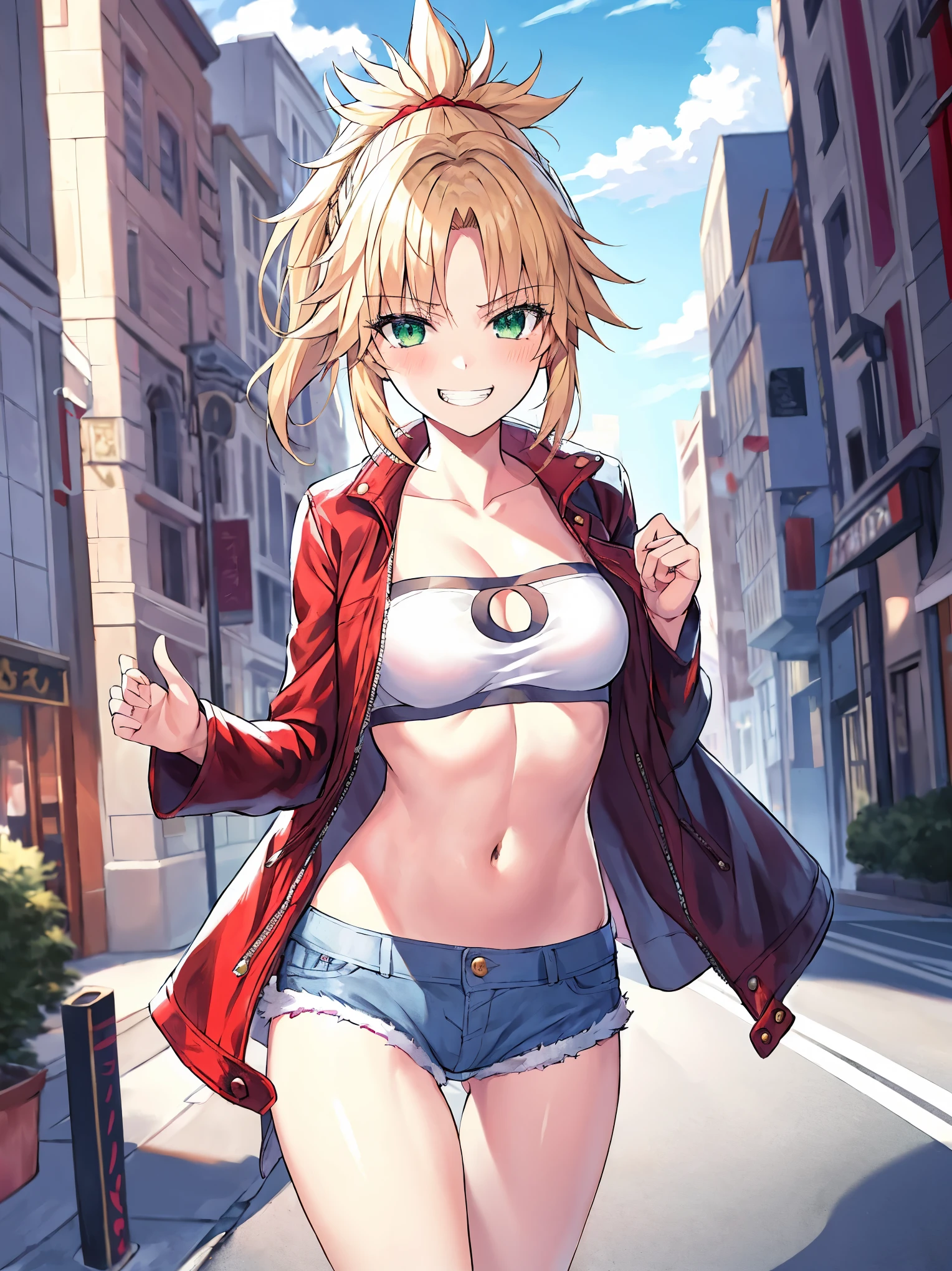 Masterpiece, Best Quality, illustration, city_street_landscape, 1girl, Mordred \(fate\), cowboy shot, collarbone, Detailed blond hair ponytail braid, green eyes, Red leather jacket, White short blouse, denim shorts,navel,thigh-high,grin, covered_pussy,skiny,happy,