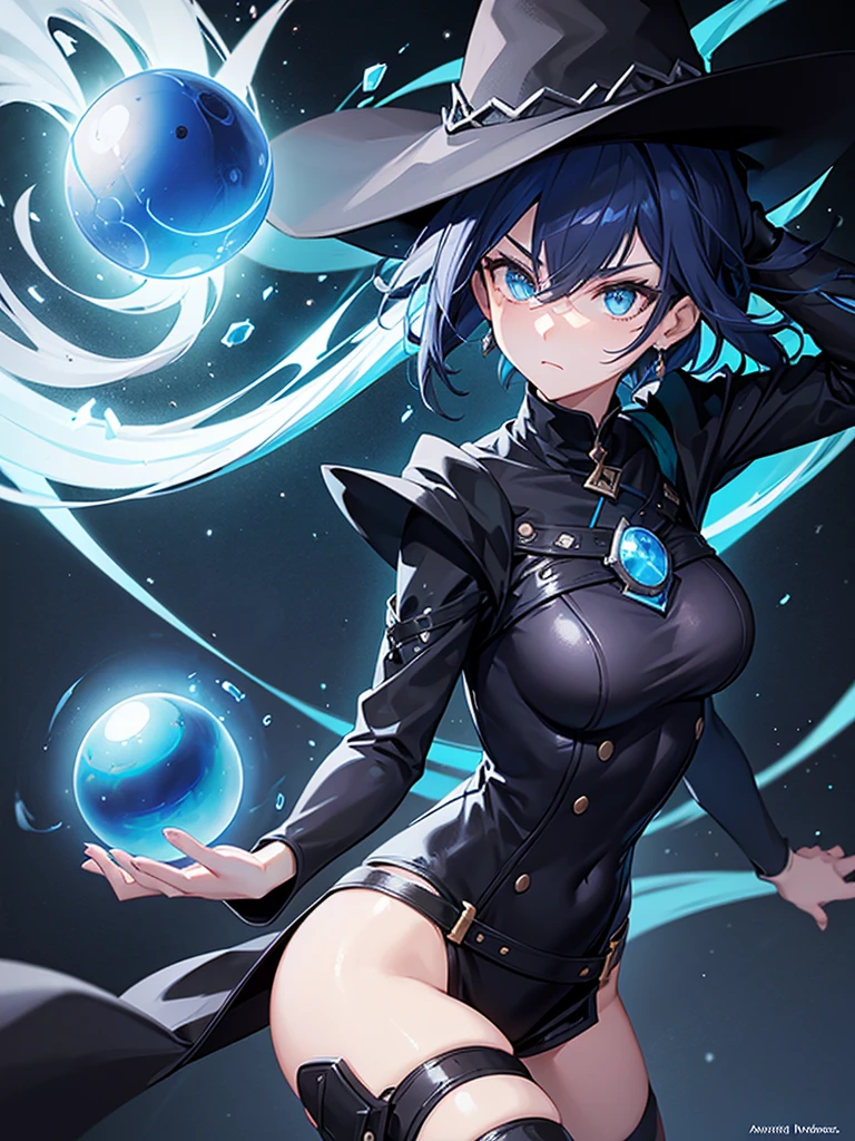 Woman, Mage, short dark blue hair, badass clothes, black hat, energy ball