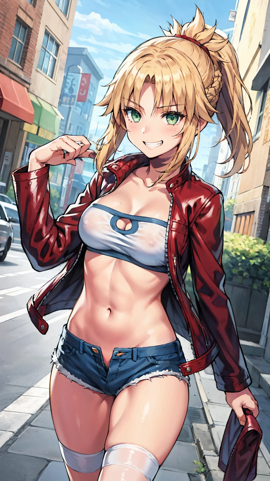 Masterpiece, Best Quality, illustration, city_street_landscape, 1girl, Mordred \(fate\), cowboy shot, collarbone, Detailed blond hair ponytail braid, green eyes, Red leather jacket, White short blouse, denim shorts,navel,thigh-high,grin, covered_pussy,skiny,happy,