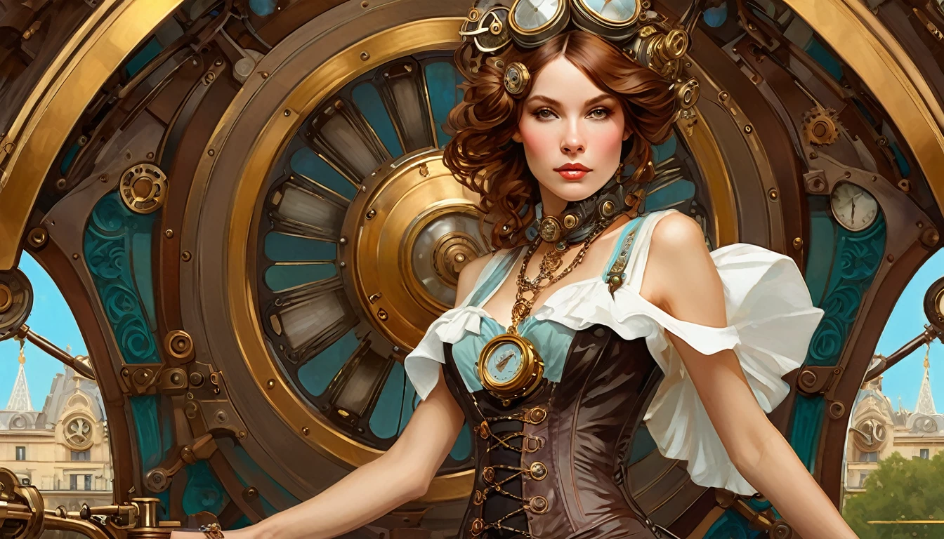 photograph (( )), wearing elegant dress steampunk items, Contemporary Paris , Complex, elegant, Very detailed, Digital Painting, Art Station, Concept Art, Smooth, Sharp focus, illustration0.Atation, ArtJam、Greg Rutkowski、Art by Alphonse Mucha