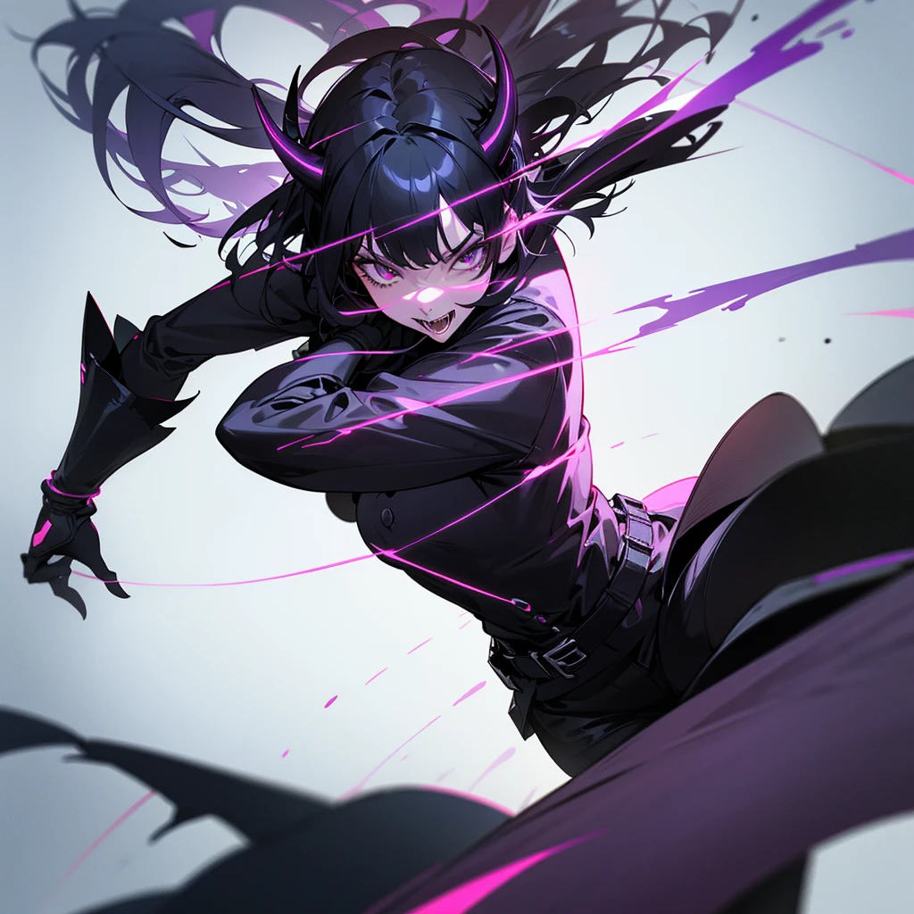 a demon girl with horns, full body, adult woman, slim build, black coat, black pants with purple belt, black boots, short black hair, futuristic style, sharp fangs, white background, 2d, (best quality, 4k, 8k, high resolution, masterpiece: 1.2), ultra detailed, (realistic, photorealistic, photorealistic: 1.37), intricate details, vibrant colors, spectacular lighting, cinematic composition, striking pose
