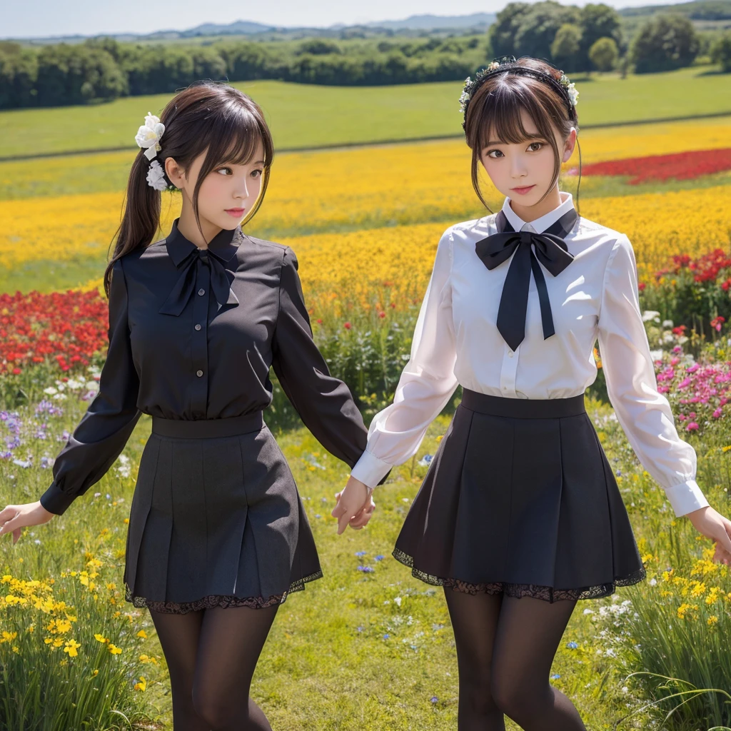 (masterpiece), (Highest quality), (Very detailed),Black Pantyhose, skirt, ear,Are standing,  Flower Field,