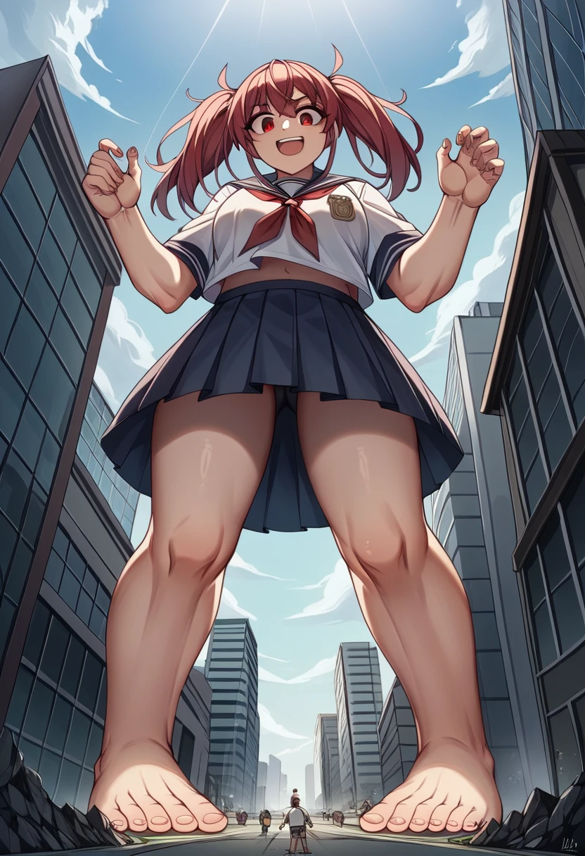 A cruel and gigantic monster、Giant monster、gigantic giantess、planet size giantess,Giantess、Twin tails、Red eyes、Make women bigger、giantess、Great impact、Sailor suit、Navy Skirt、Walk with your feet raised、The approaching situation、A distant view of a miniature city、Miniature destroyed city、Destroy a building、Collapsed buildings、Crushed Building、excited、Appear、Miniature cityscape、Anime Style、Real Anime、bad woman、smile、Horror、Destroy a small building、Destroyed city、Storm Debris、Disaster area、Stormy weather、Low - Angle、(negative_v2 Color_Balance_Calibration:0.8)
