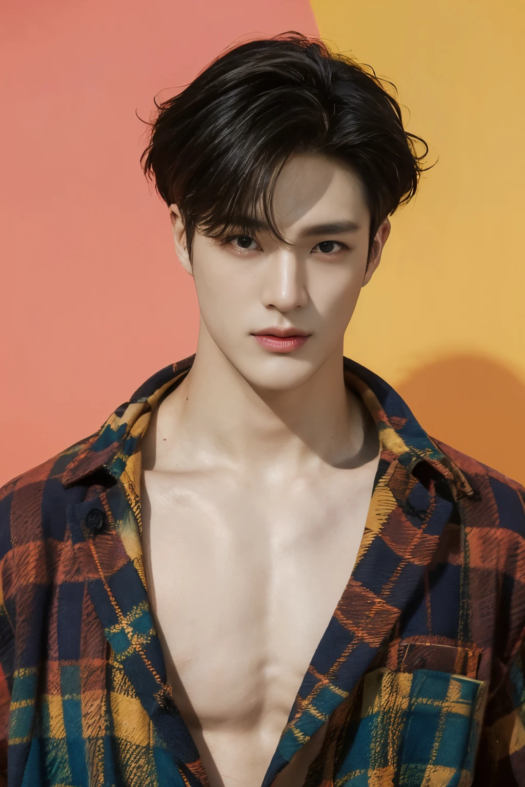 full frontal,colorful background fashion,colorful prop in this photo,stand at studio advert,no text,eyes looking center,shirtless Handsome,korean male,Center-parted hairstyle.