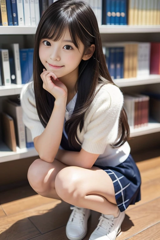 (((masterpiece))), (((Full body photo)))， (Beautiful Japanese Girl, Innocence，cute) ，Ultra-high resolution, Realistic, Ultra-detailed, 8k,Highest quality, Very detailed, Detailed Background,Slender,とてもBeautiful Japanese Girl, Detailed face:1.3), (Fluffy long hair,Black-haired :1.4), (Baby Face，cute系,Adorable 12 year old girl), (Perfect body:1.1),，Cute Smile:、show me your beautiful teeth、非常にDetailed face、Detailed lips、Detailed eyes、 gravure idol，Clear Skin、Realistic:1.37，No makeup，Neutral lighting,(Highest quality, masterpiece), (One girl, alone, school uniform,Navy blue jumper skirt,,Are standing , View your viewers, Beautiful clavicle、have a paperback book、Mouth closed, Upper Body),(at the library)
