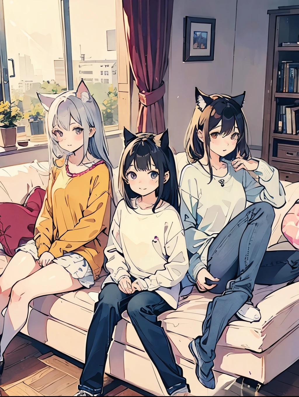 Three adorable cat girls, casual clothing, couch