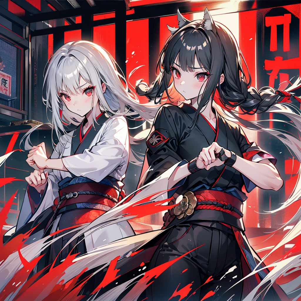 high quality,,Black kimono,Gray Hair,Long Hair, Seductive red eyes,Nice,Japanese style,Fight,martial arts,fist,fistのFight,movie,Fightfield,karate,截fist道,fistを構える,discovery