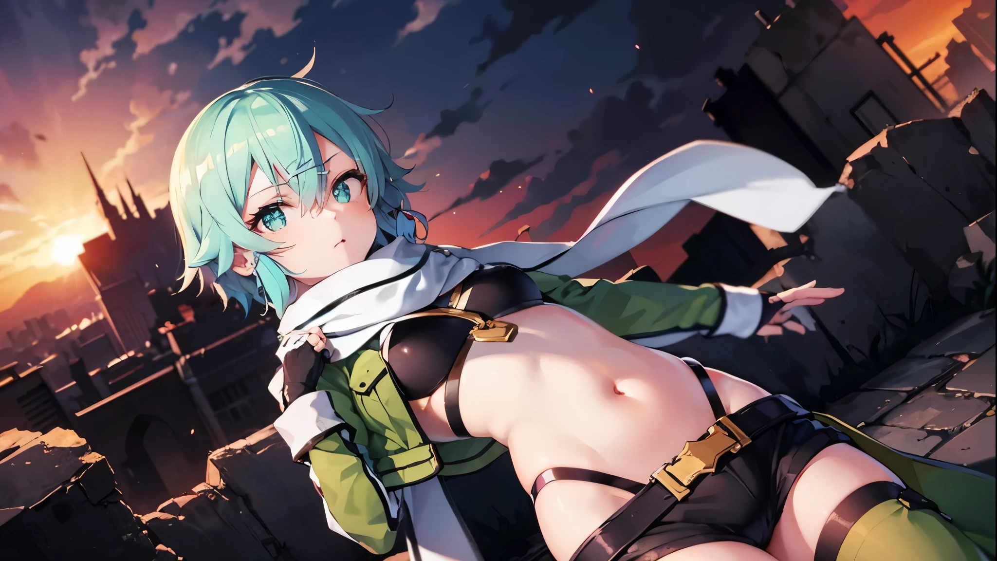 (masterpiece), best quality, expressive eyes, perfect face, highres, sinon1, scarf, fingerless gloves, long sleeves, short shorts,groin, hair ornament, hairclip, green thighhighs, green jacket,covered_nipples, thigh strap, field, sunset_ruins_landscape_background, ruined structures, dynamic_posing, looking at the viewer,,covered_navel,