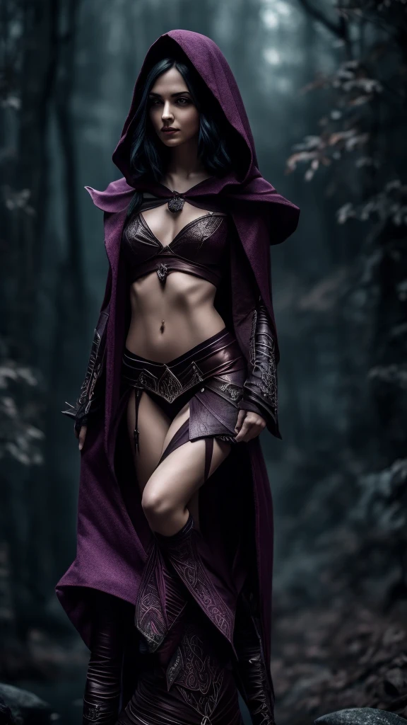 A small and slender half-elf woman with medium-length black e purple hair, wearing a dark red leather hooded outfit, holding poisoned daggers, cinematic lighting, digital art, concept art, fantasy, intricate details, chiaroscuro, dramatic shadows, muted colors, masterpiece, 4k, high quality, photo-realistic, hyper detailed, dramatic lighting, moody atmosphere, dark fantasy, elegant, graceful poses, mystical, alluring pronta para ação