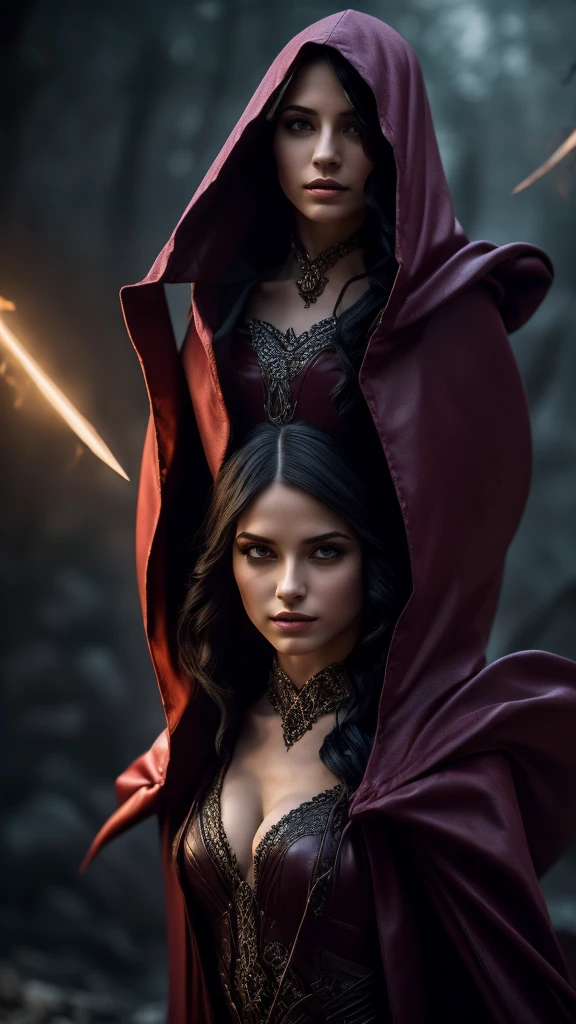 A small and slender half-elf woman with medium-length black e purple hair, wearing a dark red leather hooded outfit, holding poisoned daggers, cinematic lighting, digital art, concept art, fantasy, intricate details, chiaroscuro, dramatic shadows, muted colors, masterpiece, 4k, high quality, photo-realistic, hyper detailed, dramatic lighting, moody atmosphere, dark fantasy, elegant, graceful poses, mystical, alluring pronta para ação