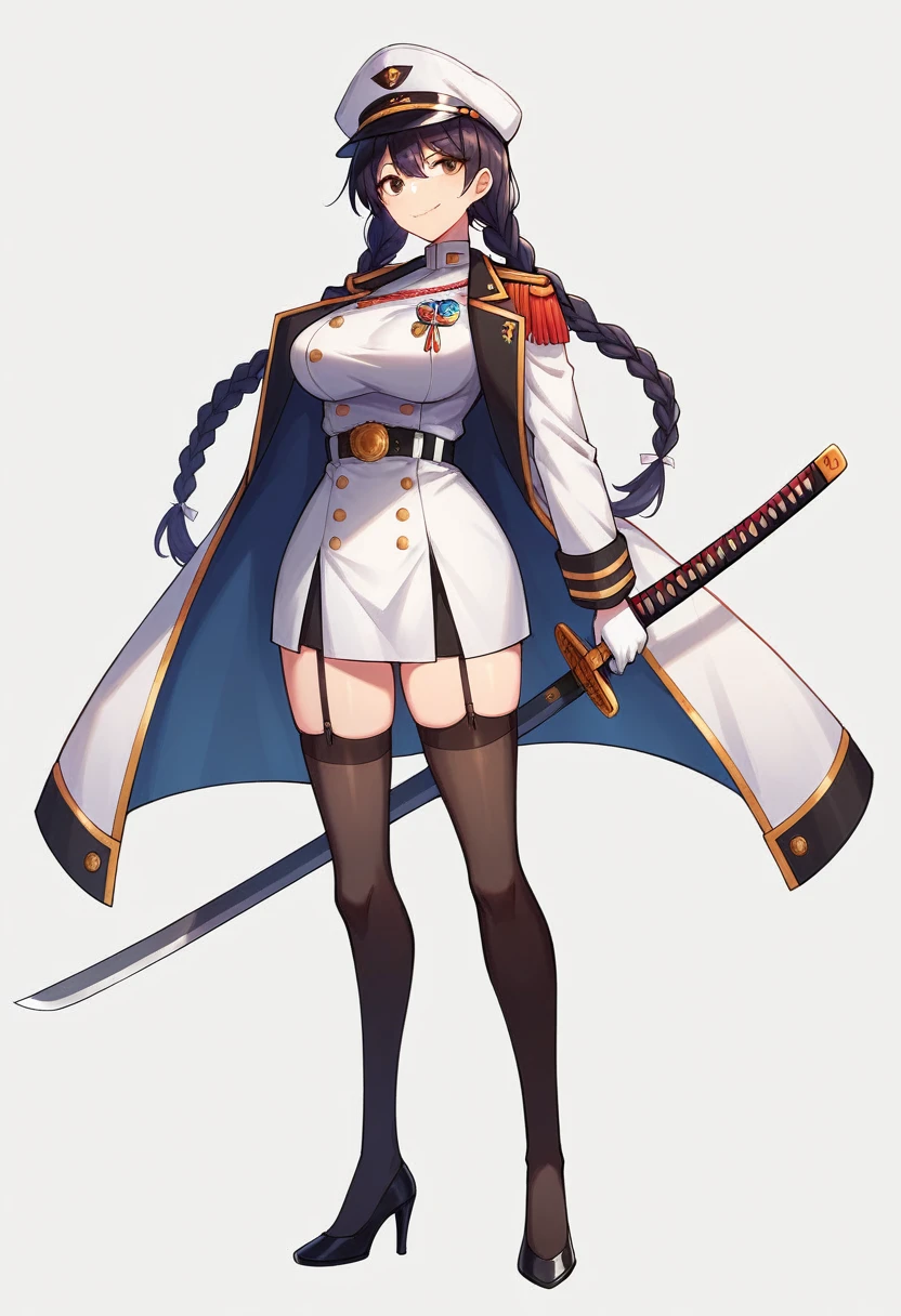 1girl, solo, long hair, breasts, looking at viewer, smile, bangs, skirt, large breasts, simple background, black hair, thighhighs, gloves, long sleeves, hat, white background, holding, brown eyes, closed mouth, standing, jacket, full body, weapon, braid, belt, sword, black thighhighs, white gloves, miniskirt, black footwear, holding weapon, uniform, high heels, twin braids, zettai ryouiki, military, military uniform, white headwear, garter straps, holding sword, white jacket, white skirt, katana, sheath, peaked cap, sheathed, military hat, naval uniform, medal