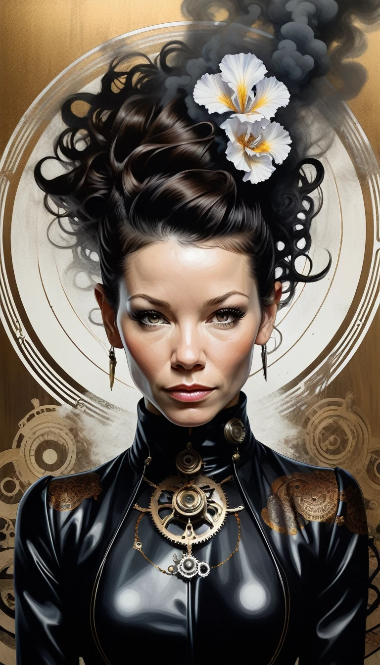 (Evangeline Lilly) is a beautiful charming woman carved out of dark smoke, dressed as a Steampunk girl in black, circular colored smoke, waves of shadows at night, abstract skull ornaments, pixie back fade haircut, soft colors, flat 4d street art in the style of adrian ghenie, esao andrews, jenny saville , edward hopper, surrealism, james jean dark, takato yamamoto, inkpunk minimalism, , detailed symmetrical brown eyes with circular iris, seamless geometric pattern harmony, luminogram, iron gall ink, art by Russ Mills, Sakimichan,, by GIlSam -paio octane rendering depicting innovation and truth, 8k, by Lee Jeffries, depth - Gs studio