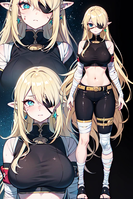 1 girl, medium breast, long hair, blonde hair, ((full body)), standing, medieval crusader outfith, blonde hair, very long hair, hair between eyes, hime cut, ((bandage over stomach)), ((eye patch)), ((scar across same eye)), elbow pads, goggles on head, ((star-shaped pupils)), wince, aqua eyes, glowing eyes, eyebrows behind hair, pupils sparkling, pointy ears, hoop earrings, makeup, shy, embarrassed, blush, nervous, longeyelashes, character desing, Canon, anime, anime style, masterpiece, accurate, anatomically correct, super detail, textured skin, high quality, 8k, highres, award winning