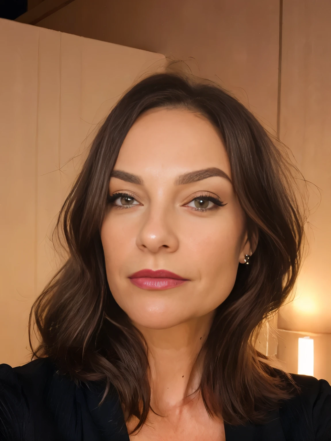1womanl, (realisitic:1.5) 55 year old woman (facial self portrait:1.4) Selfie, face photo with beautiful long hair hairstyle, perfect make-up, at night, dressed up for the party,perfect and raised eyebrows.